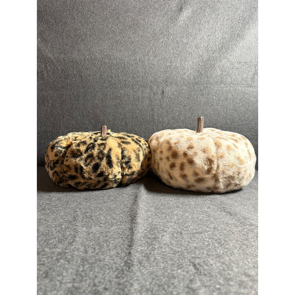 Rachel Zoe 2 Faux Fur Pumpkin Set Leopard Cheetah Print Fall Decor NWT
